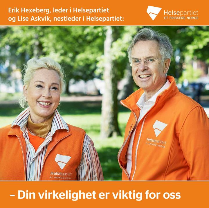 Helsepartiets leder Erik Hexeberg og grunnlegger Lise Askvik er å møte i Helsepartiets digitale valgbod.