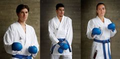 Det norske karate-landslaget deltar alle i Premier League-stevnet i helgen. Fra venstre: Adrian Lopez Salas, Ismail Bellemkhannate, Andrine Hilton. Foto: Eivor Eriksen.