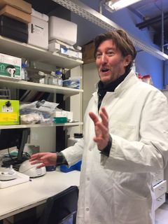 En strålende fornøyd dr. Sullivan forklarer hvordan forskerne på labben hans produserer lever og redder nesehorn fra å dø ut. Tildelingen fra USA er meget kjærkommen. Foto: Silje Rosseland, UiO