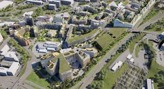 Illustrasjon: Oversikt over boliger og næringsbygg som er planlagt på Ulven i Oslo.