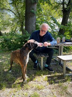 Eyvind Hellstrøm og Bob blir hundematprodusenter. Hellstrøm til høyre. (Foto: Anita Rennan)