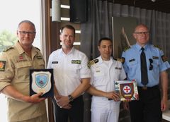 F.v. Styrkesjef Ronny Samuelsen, sjef for operasjon og beredskap i Redningsselskapet, Ronny Pedersen, Nikos Pasavis fra Hellenic Coast Guard og Einar Dale, politiinspektør i Politidirektoratet.