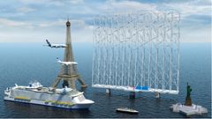 Illustrasjon: Wind Catching-modul sammenlignet med Eiffeltårnet, Frihetsgudinnen og et cruiseskip.