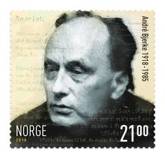 Forfatteren André Bjerke (1918-1985) sammen med tekster fra hans forfatterskap.