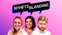 Fanny Odden, Rima Iraki og Ole Klevan er programledere i den 
 nye podkasten «Nyhetsblanding». Grafikk/foto: NRK