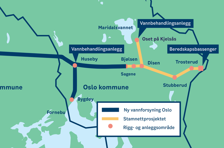 Illustrasjonen viser hele tiltaket ny vannforsyning til Oslo som skal gi Oslos innbyggere en fullgod reservevannforsyning. Illustrasjon: Oslo kommune.