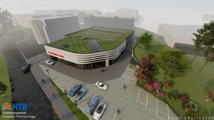 HTB (Helgesen Tekniske Bygg) skal bygge nytt og miljøvennlig Porsche Center Bergen. Målet er å bygge Norges flotteste bilforretning. Ill. Pilot Arkitekter.