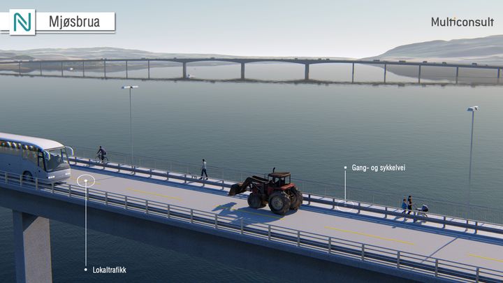 Eksisterende Mjøsbru med ny betongbru i bakgrunnen. (Foto: Nye Veier/Multiconsult)