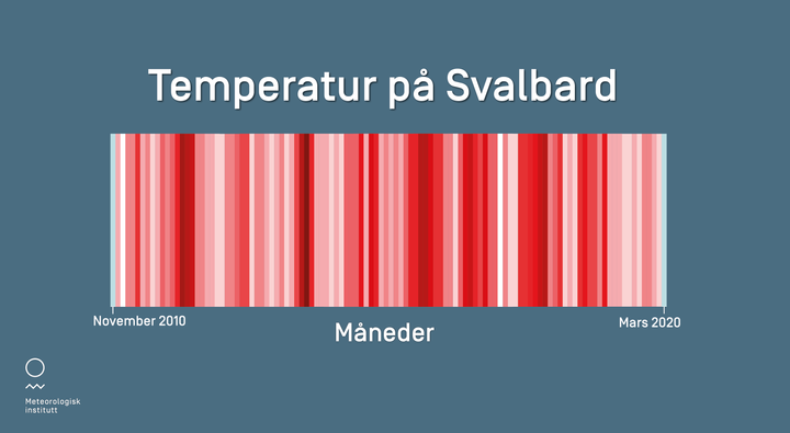 Stripene viser hvor mye varmere enn normalt det har vært i Longyearbyene hver eneste måned siden november 2010. Den blåe stripen til høyre viser temperaturen i mars 2020, som ble en halv grad varmere enn normalt. Grafikk: Mai-Linn Finstad Svehagen, Meteorologisk institutt