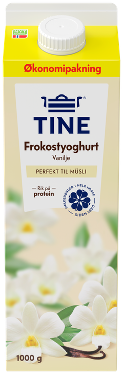 Endelig lanserer vi TINE® Frokostyoghurt med jordbær og vaniljesmak, i en praktisk og familievennlig kartong med skrukork.