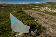 Kongevegen over Dovrefjell er merket med den blå kongekrona på skiferplater. Foto: Matti Bernitz