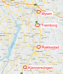 Oversiktskart som viser hvor på strekningen Mysen–Kjennersvingen det skal utføres veiarbeid i tiden fremover. Illustrasjon: Statens vegvesen