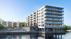 Borgundfjorden Panorama oppføres i tre byggetrinn. Første byggetrinn består av 57 leiligheter. Illustrasjon: RS Designstudio / AT arkitektur