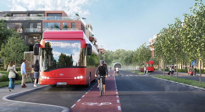 En 2,6 kilometer lang busstunnel kan løse kollektivutfordringen i den planlagte bydelen sør i Oslo. Illustrasjon: Blår