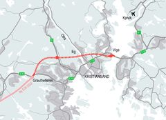 Streknikngskart over E39 Ytre Ring i Kristiansand.
