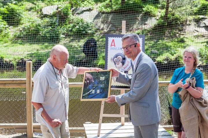 Julius følger interessert med når Edvard Moseid avduker frimerket med ham. Moseid får hjelp av frimerkedirektør Halvor Fasting i Posten. Til høyre dyrepasser Tanya Minchin. Foto: Ole Martin Buene