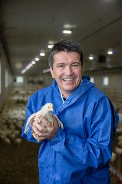 Ole Robert Reitan med kylling som vokser opp under forhold sertifisert etter ny dyrevelferdsstandard kalt European Chicken Commitment. (Foto: Øyvind Breivik / Reitan Retail)