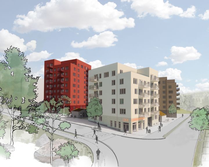I tråd med Miljöbyggnad sølv bygges de første boligblokkene i Råby i Västerås med solcellepaneler på takene for produksjon av egen elektrisitet.
Illustrasjon: Tovatt Architects & Planners / Sweco Architects