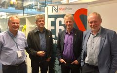 E6-AKTØRER: Lars Bjørgård og tre sentrale aktører i Ulsberg–Melhus-prosjektet:
F.h.: Ordfører Sivert Moen, Midtre Gauldal; ordfører Gunnar Krogstad, Melhus og spesialrådgiver Trond Gjære, Rennebu. Foto: Knut Hellerud, Nye Veier