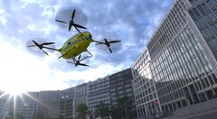I 2022 er det kanskje ein drone som dette som fraktar blod- og vevsprøver, legemiddel, utstyr og materiale til og frå sjukehus. Illustrasjon: Førsteutkast drone