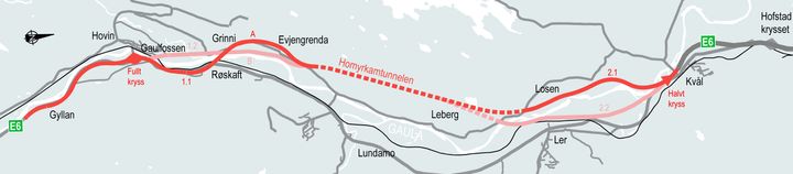 Nye Veier anbefaler Melhus kommune å gå videre med traséalternativ 1.1A med 100 km/t og alternativ 2.1 fra Homyrkamtunnelen.