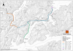 Dette skal bygges: Strekning 1 (orange), Strekning 2 (blå), Opsjon 1 (rosa) og Opsjon 2 (grønn) bygges i OPS-kontrakten, i tråd med omfanget vedtatt i Prop. 101S av 11.05.2021.

Opsjon 3 og 4 er mulige utvidelser som kan bestilles sent i byggefasen om budsjettet strekker til.