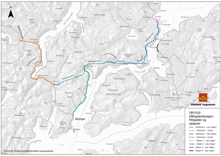 Dette skal bygges: Strekning 1 (orange), Strekning 2 (blå), Opsjon 1 (rosa) og Opsjon 2 (grønn) bygges i OPS-kontrakten, i tråd med omfanget vedtatt i Prop. 101S av 11.05.2021.

Opsjon 3 og 4 er mulige utvidelser som kan bestilles sent i byggefasen om budsjettet strekker til.