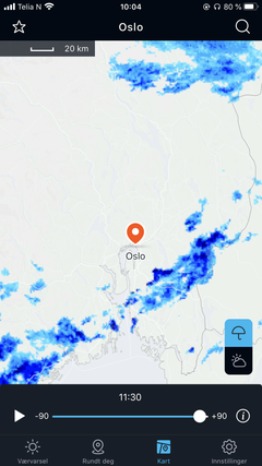 Slik ser det ut dersom du sjekker nedbørkartet for Oslo på Yr. Du kan se hvor nedbøren ligger akkurat nå, og hvordan den forventes å bevege seg de neste 90 minuttene. Denne funksjonen blir tilgjengelig for hele Finnmark når den nye værradaren er på plass.