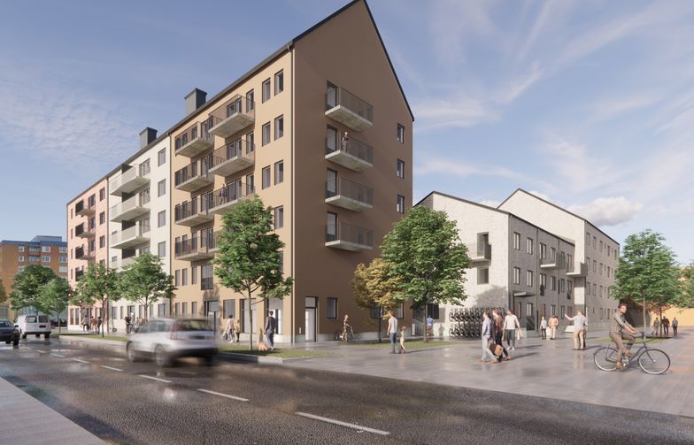 AF Gruppens datterselskap HMB Construction har inngått avtale om å bygge 121 leiligheter for Riksbyggen i sentrum av Gävle. Ill. Riksbyggen