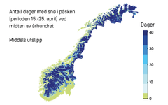 Figur 1: mot midten av århundret må du over cirka 500-700 moh for å finne snø i Sør-Norge og over cirka 300-400 moh for å finne snø i Nord-Norge (inkludert Finnmarksvidda). Beregningen tar utgangspunkt i såkalt middels utslippsnivå (RCP4.5).