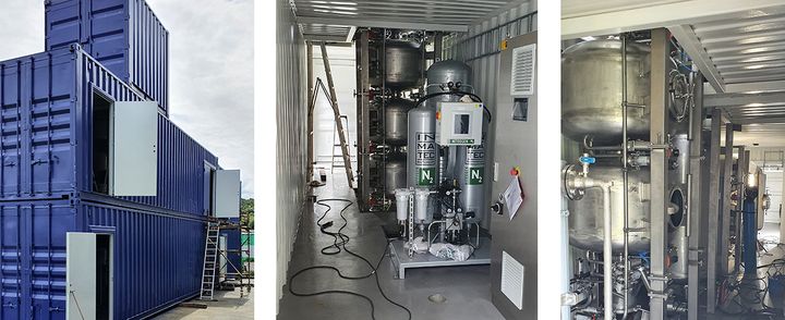 NUAS Technology er i gang med å utvikle en kontainerløsning for hydrolyseprosesser. Inne i kontainermodulene er man i gang med å installasjonene. Bildet i midten viser en av kontainermodulene med hydrolysereaktorene i bakkant med nitrogenanlegg i forkant, mens bildet til høyre viser hydrolysereaktorene i kolonne. Foto: NUAS Technology.