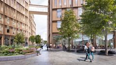 Et nytt torg foran helsekvartalet vil utgjøre et urbant rekreasjonsområde. Illustrasjon: Nordic - Office of Architecture.