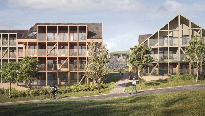 Klemskvartalet i Kongsberg skal stå ferdig i løpet av 2022. Illustrasjon: Code arkitekter.