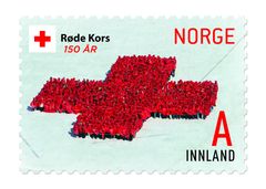 Posten gir 21. februar 2015 ut fire frimerker for å markere at Norges Røde Kors feirer 150 år i 2015. Dette bilder viser symbolet for Røde Kors, og er laget av mennesker.