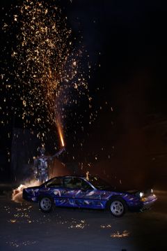 Ferrari 400i in flames by Heiko Saxo, Golden Hearts Never Die