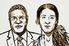 Denis Mukwege (til venstre) og Nadia Murad (til høyre). Illustrasjon: Niklas Elmehed. © Nobel Media