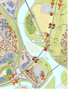 Skiltplan som viser lokasjon og arbeidsområde på ene brufugen. Tilsvarende arbeid skal gjøres på motsatt side også. Kart: Statens vegvesen.