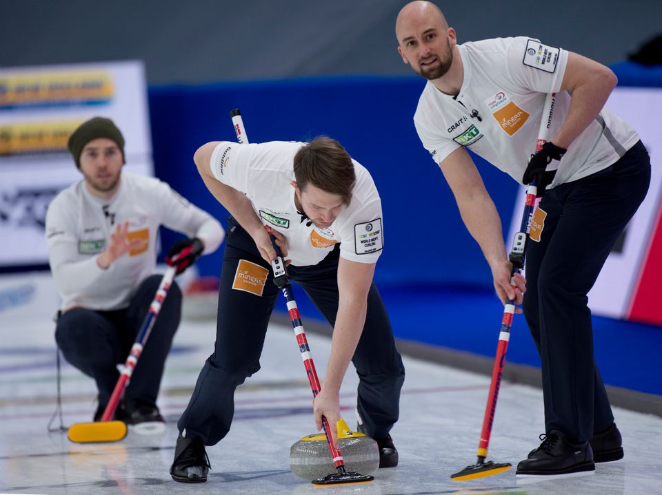 Calgary Ab, April 4, 2021.WinSport Arena at Calgary Olympic Park.BKT Tires & OK Tire Men's World Curling Championship.Team Norway skip Steffen Walstad,