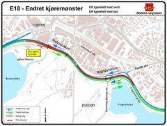 For tiden er det ett felt i hver retning gjennom Sjølyst- og Bygdølokkene på E18. I tillegg er gang- og sykkelveien lagt om.