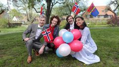 Barnas 17. mai på NRK Super. Fra venstre: Victor Sotberg, Margrethe Røed, Christopher Robin Omdahl og Selma Ibrahim.

FOTO: TORE FOSSBAKKEN / NRK