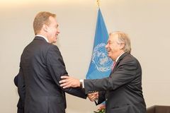Utenriksminister Børge Brende i møte med Generalsekretær Antonio Guterres ifm høynivåuka og åpningen av FNs generalforsamling. Foto: UN Photo / Rick Barjonas.