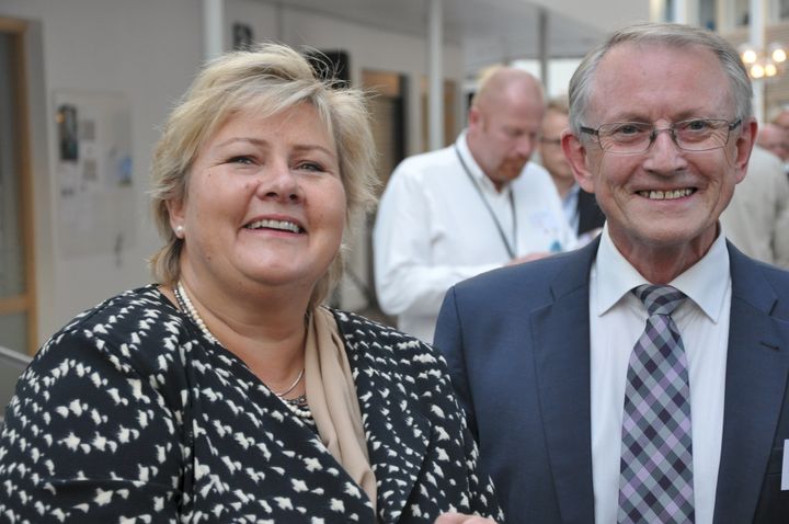 Erna Solberg og Arvid Hallén under åpningen av Forskningsrådets lokaler på Lysaker i høst.