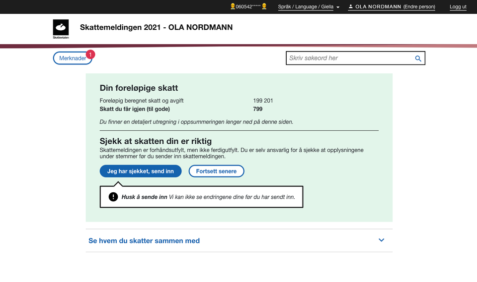 Skattemelding for lønnsmottakere og pensjonister - forside skattemelding 2021