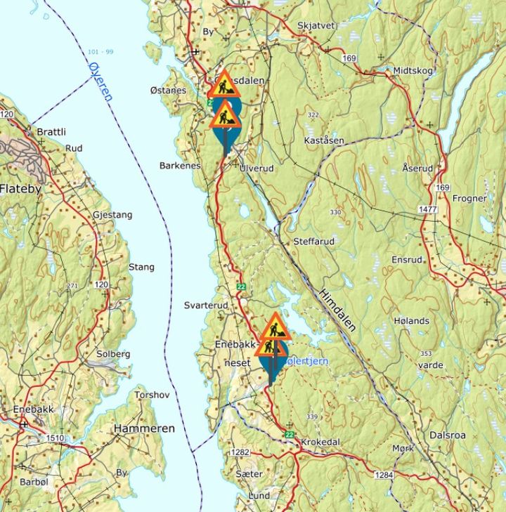 På kartet er det angitt de to plassene det skal arbeides på. Kart: Statens vegvesen.