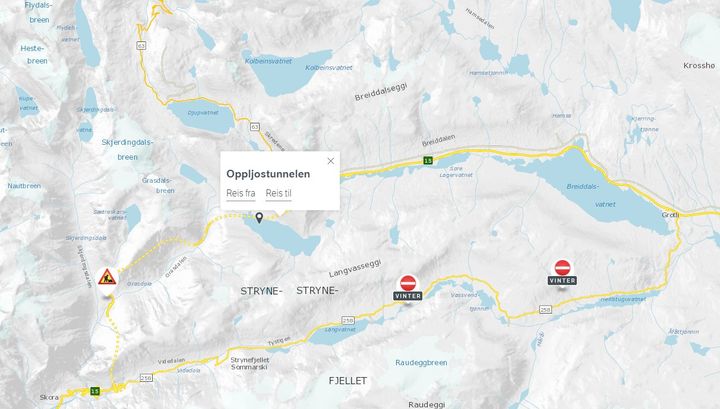 Oppljostunnelen på Strynefjellet må stengjast halvanna døgn i veke 40. Skjermdump/faksimile: Statens vegvesen