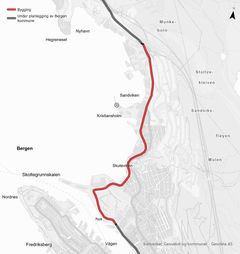 Kart som viser delstrekningen av Sykkelstamvegen som er lyst ut. Kart: Statens vegvesen