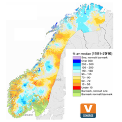 Snøkartene i seNorge.no viser at det er mindre snø enn normalt på Vestlandet og i Nord-Norge. På Østlandet er det normalt til noe over normalt med snø.