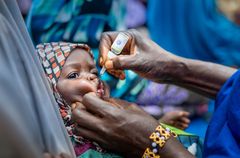 Et barn får poliovaksine under en navneseremoni i Nigeria. UNICEF