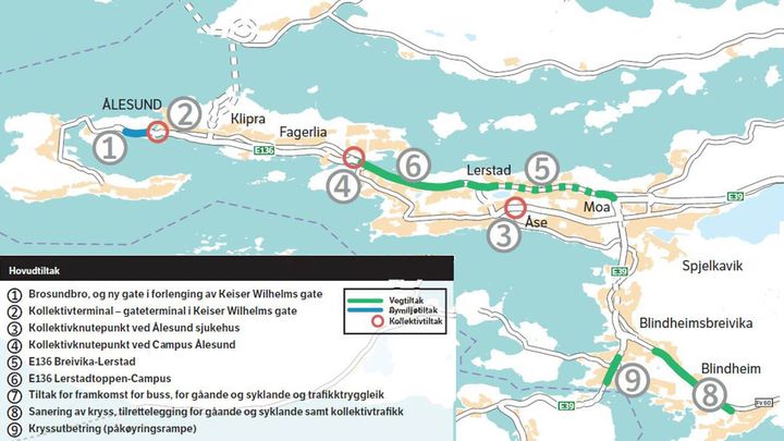 Kart over utbyggingsområdet med aktuelle prosjekt (Statens vegvesen)