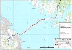 Trasé for nye 300 (420) kV sjøkabler over Fensfjorden. (Kilde: Statnett)